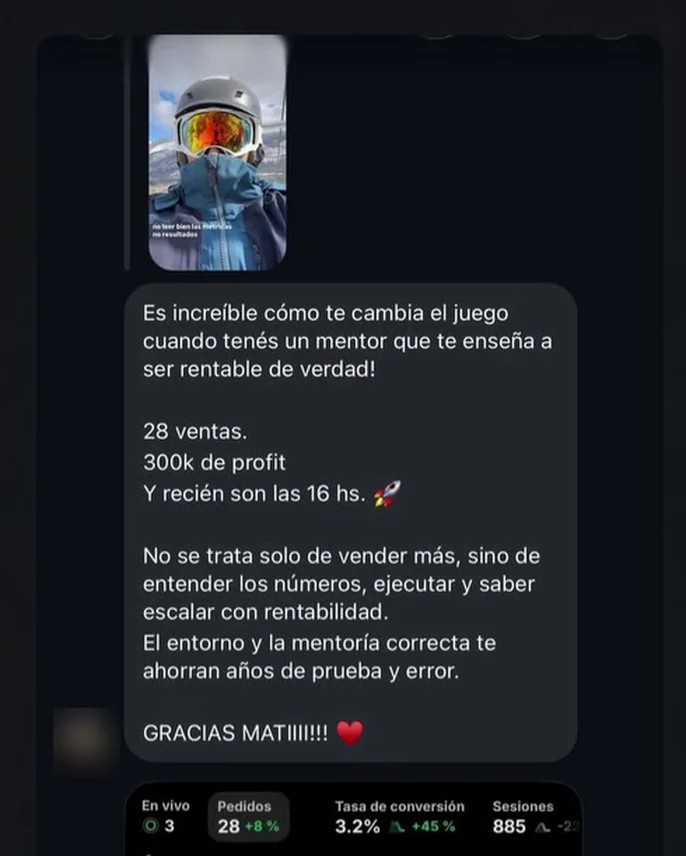 Captura del mensaje de una alumna con sus ventas del día